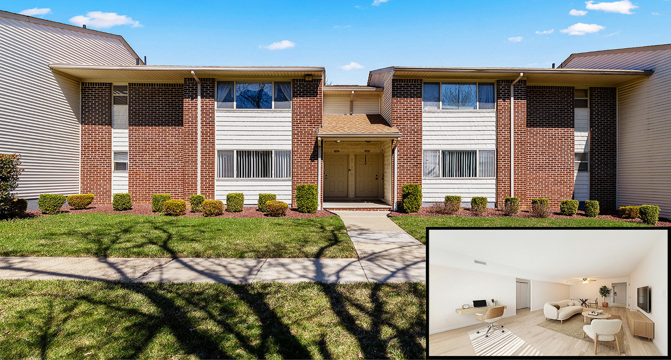 Bright living room with laminate flooring and neutral paint in Princeton Horizons condo of South Brunswick